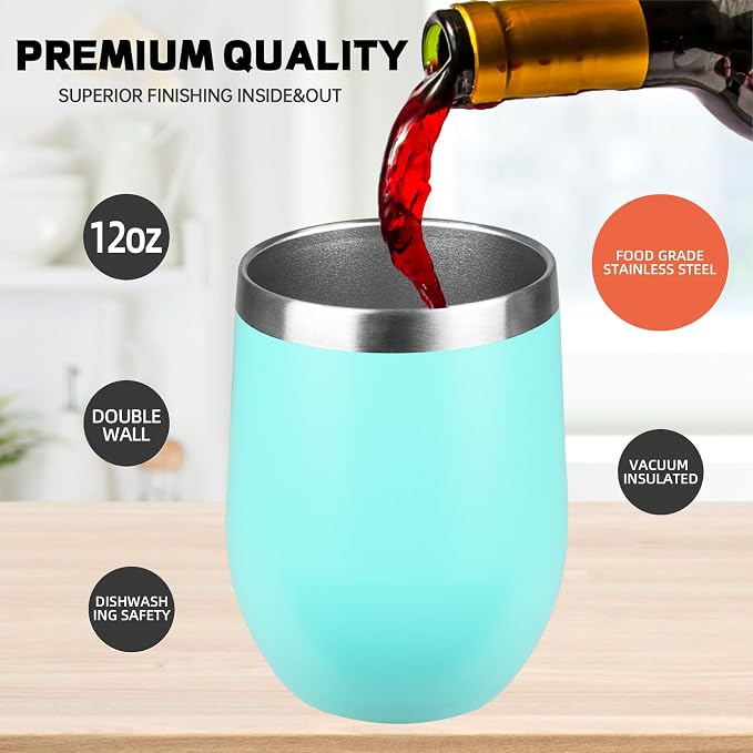 12oz Insulated Wine Tumbler with Lid,Light Green 18/8 Stainless Steel Travel Tumbler,Double Wall Coffee Cup,BPA Free Wine Glass,Coffee Mug for Cold & Hot Drinks