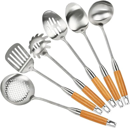 6 Pieces Stainless Steel 304 Kitchen Cooking Utensil Set, Metal 18/8 Stainless Steel Utensil Spatula Sets Cookware for Kitchen with Wood Handle