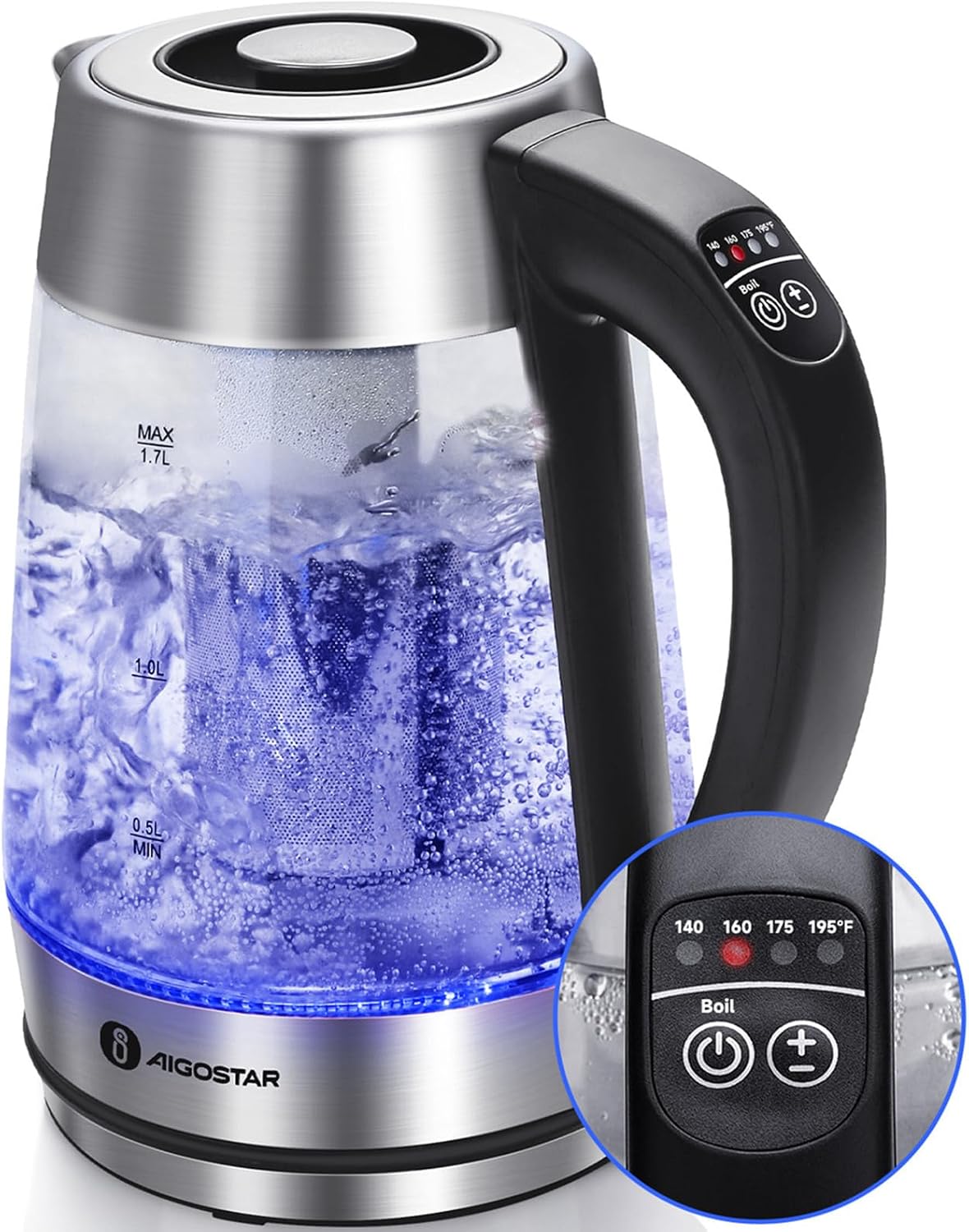 Aigostar Electric Kettle with Temperature Control and Tea Infuser 1500W, 1.7L Hot Water Kettle with Variable Temperature, Keep Warm Function, LED Indicator Light Change, Auto Shut-Off (Open Box)