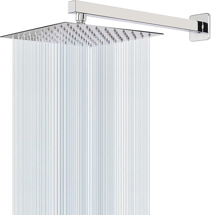 HarJue Shower Head with Extension Arm, High Pressure Square with ShowerArm, Stainless Steel Rainfall -Waterfall Full Body Coverage (10'' Shower with 16'' Arm, Chrome)