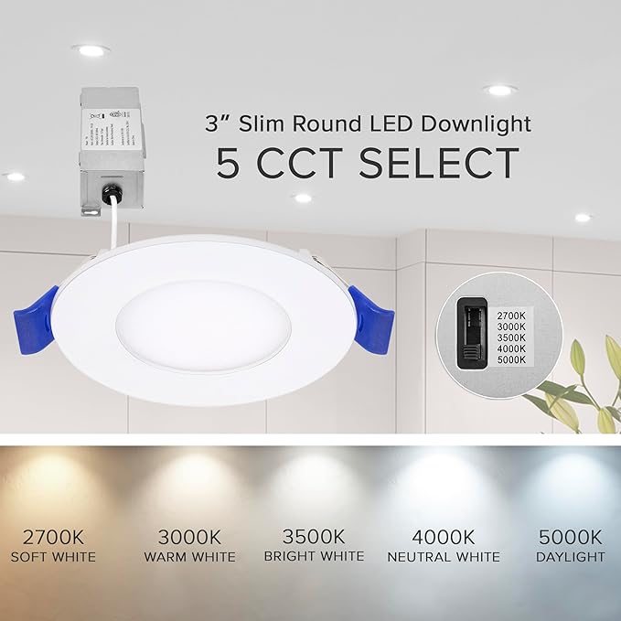 Maxxima 3 in. 5 CCT Ultra Thin Recessed LED Downlight, 500 Lumens, Slim Canless Light, IC Rated, 5 Color Temperature Selectable 2700K3000K3500K4000K5000K, Dimmable, White Trim, J-Box Included