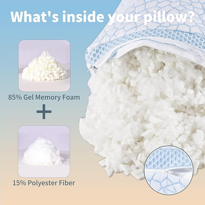 QUTOOL Cooling Pillows for Hot Sleeping, Shredded Memory Foam Pillows Queen Size Set of 1,Adjustable Soft & Firm Gel Bed Pillow for Side, Back, Stomach Sleepers
