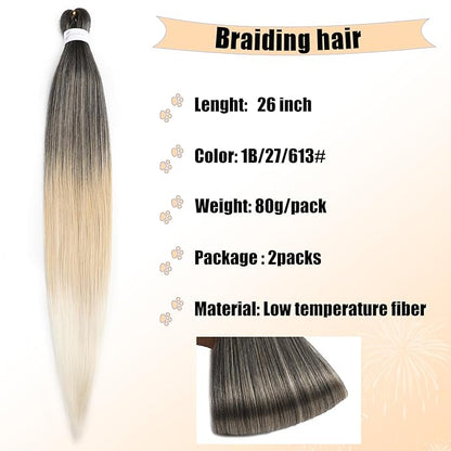 Braiding Hair 26 Inch Pre Stretched Braiding Hair Ombre Braiding Hair Soft Three Tone Yaki Texture Hot Water Setting Synthetic Braiding Hair (26inch 2Packs 1B27613)