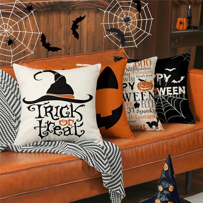 Halloween Pillow Covers 18x18 Set of 4 Spider Web Happy Halloween Decorations Jack-O-Lantern Pumpkin Throw Pillow Covers Witch Hat Trick or Treat Cushion Case for Sofa Couch