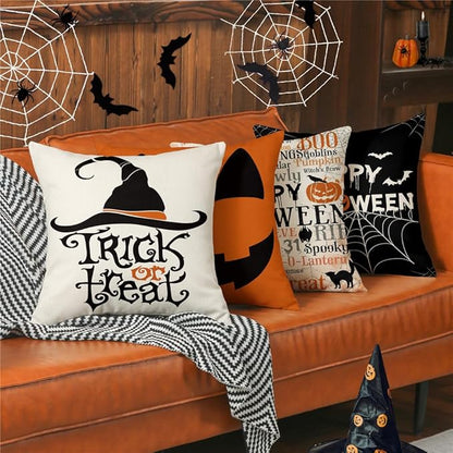 Halloween Pillow Covers 18x18 Set of 4 Spider Web Happy Halloween Decorations Jack-O-Lantern Pumpkin Throw Pillow Covers Witch Hat Trick or Treat Cushion Case for Sofa Couch