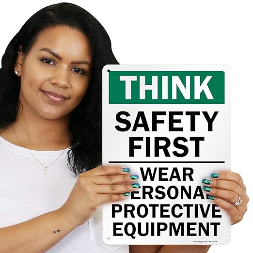 SmartSign - S-2917-AL-14 "Think Safety First - Wear Personal Protective Equipment" Sign  10" x 14" Aluminum 10" x 14" Non-Reflective Aluminum