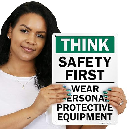 SmartSign - S-2917-AL-14 "Think Safety First - Wear Personal Protective Equipment" Sign  10" x 14" Aluminum 10" x 14" Non-Reflective Aluminum