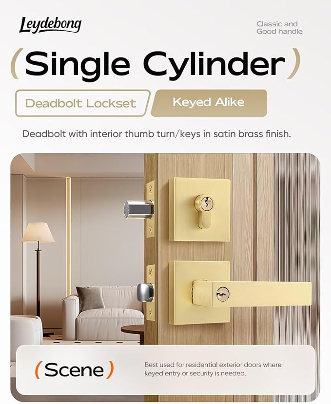 Leydebong 1 Pack Gold Entry Door Locksets with Single Cylinder Deadbolt, Front Door Lock Set, Heavy Duty Entrance Lever Door Handle Single Keyed Square Deadbolt Lock