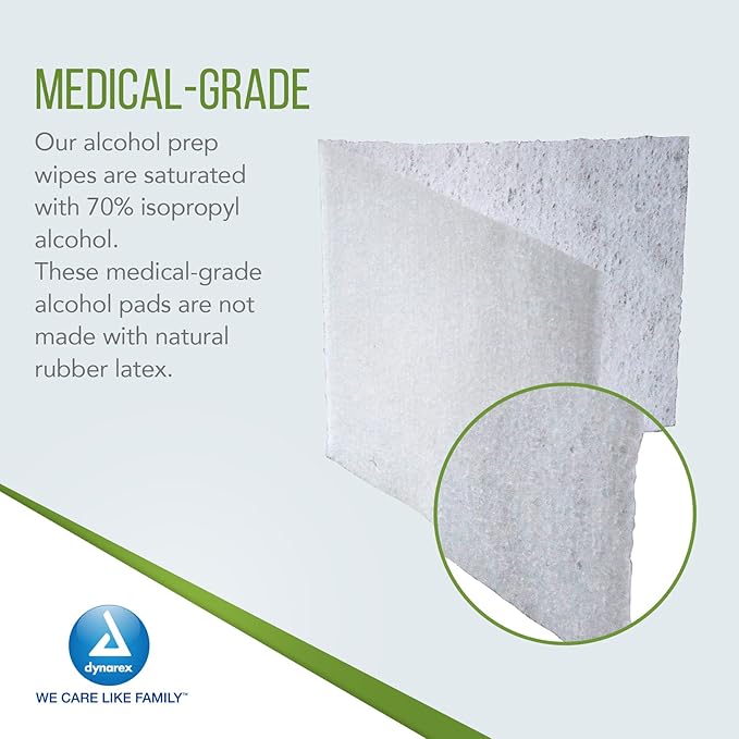 Dynarex Alcohol Prep Pads, Medical-Grade and Non-Woven Prep Pads, Saturated with 70% Isopropyl Alcohol, Rapid-Acting Antiseptic Wipes, 1-Ply, Medium, 1 Box of 100 Alcohol Prep Pads
