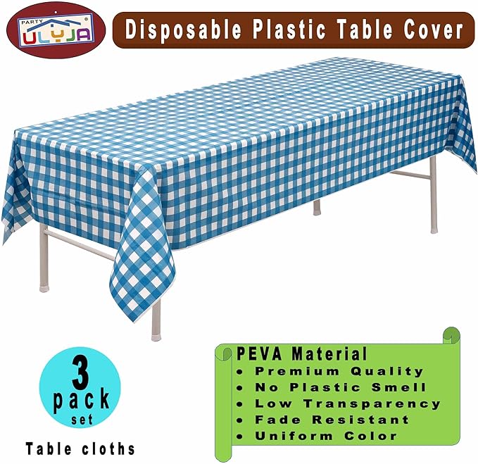 PARTY ULYJA Blue & White Gingham Checkered Tablecloths Plastic 3-Pack Premium 54 Inches x 108 Inches Disposable Table Covers Decorative Table Cloths for Rectangle Tables