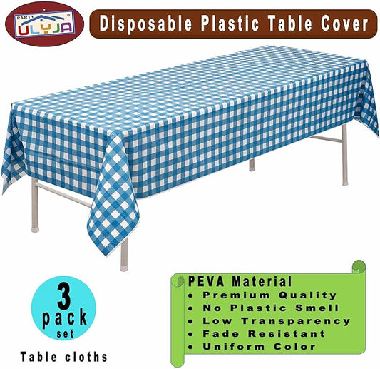 PARTY ULYJA Blue & White Gingham Checkered Tablecloths Plastic 3-Pack Premium 54 Inches x 108 Inches Disposable Table Covers Decorative Table Cloths for Rectangle Tables