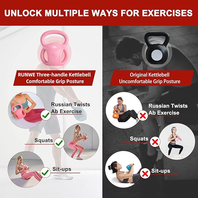 RUNWE 3 Handle Kettlebells Weight - Weight for Women Options 5, 10, 15 and 20 LB for Russian Twists AB Exercise, Weightlifting and Core Fitness Exercise Home Gym Single in Sold