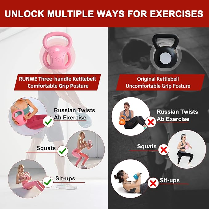 RUNWE 3 Handle Kettlebells Weight - Weight for Women Options 5, 10, 15 and 20 LB for Russian Twists AB Exercise, Weightlifting and Core Fitness Exercise Home Gym [Single] (minor cosmetic dents)