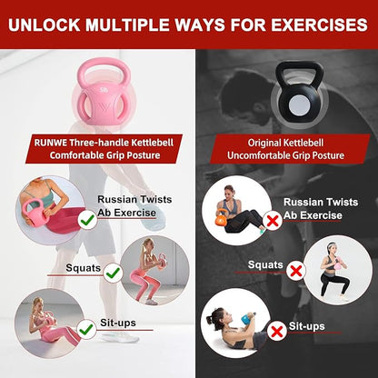 RUNWE 3 Handle Kettlebells Weight - Weight for Women Options 5, 10, 15 and 20 LB for Russian Twists AB Exercise, Weightlifting and Core Fitness Exercise Home Gym [Single] (minor cosmetic dents)