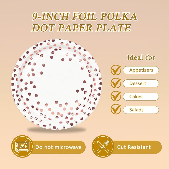 50Pcs White and Rose Gold Paper Plates and Napkins Set - 9 inch Gold Foil Dot Disposable Dessert Party Paper Plates Napkins Party Supplies, for Birthday Baby Shower Weddings, All Occasions Serves 25