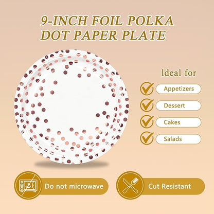 50Pcs White and Rose Gold Paper Plates and Napkins Set - 9 inch Gold Foil Dot Disposable Dessert Party Paper Plates Napkins Party Supplies, for Birthday Baby Shower Weddings, All Occasions Serves 25