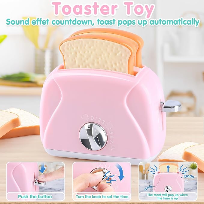 Kitchen Appliances Toys Playset Accessories for Toddlers Ages 3+, Pink | Toy Coffee Maker for Kids, Pretend Play Kitchen Set with Mixer & Toaster, Realistic Lights & Sounds, Ages 3+