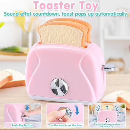 Kitchen Appliances Toys Playset Accessories for Toddlers Ages 3+, Pink | Toy Coffee Maker for Kids, Pretend Play Kitchen Set with Mixer & Toaster, Realistic Lights & Sounds, Ages 3+