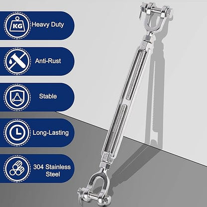 Turnbuckle 38 M10 304 Stainless Steel Turnbuckle, 3200 lbs Working Load Limit, Jaw and Jaw Turnbuckles for Cables Wire Tensioner, Turnbuckle for Shade Sail, Yard Zipline