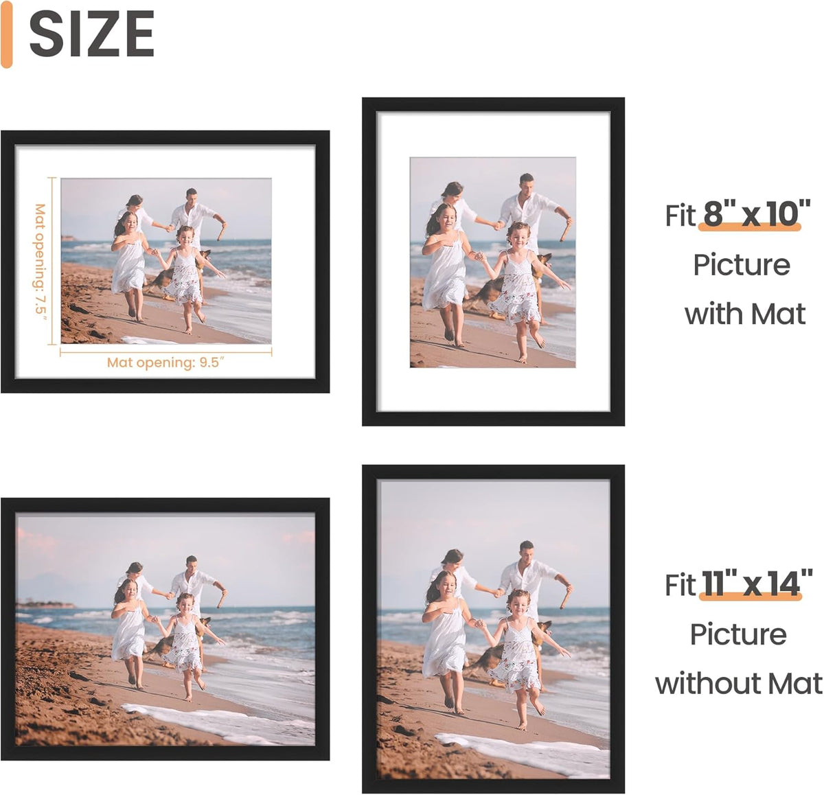 upsimples 11x14 Picture Frame, Display Pictures 8x10 with Mat or 11x14 Without Mat, Wall Hanging Photo Frame, Black, 1 Pack
