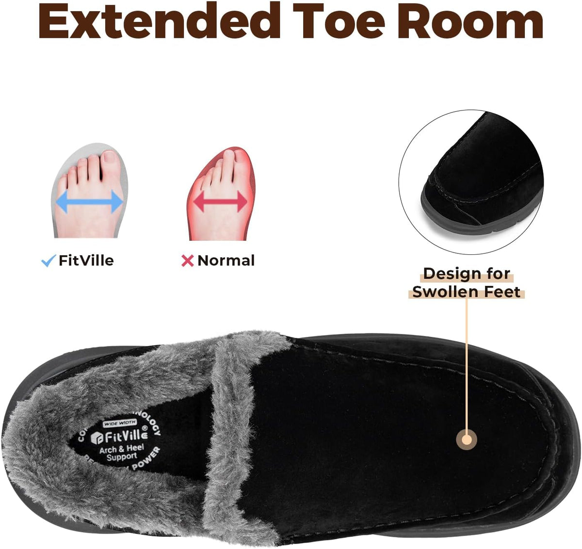 FitVille Extra Wide Men Slippers Slip-on House Slipper Non Slip Orthopedic Winter Shoes for Flat Feet Indoor & Outdoor