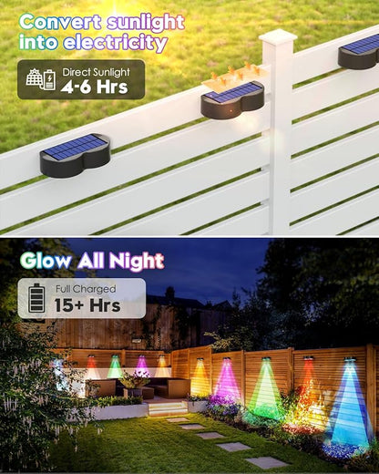 Pack of 8 upgraded solar lights for outdoor fence with point lenses, warm white, cool white and RGB 8 fixed colors, bright waterproof color lights for fence, wall, step,