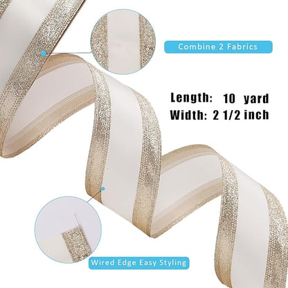 LaRibbons Glitter Wired Ribbon 2.5 Inch Wide 10 Yard Gold Metallic Satin Ribbon for Christmas Tree Garland, Wreath Bow, Craft,Gift Wrapping, Home Decor