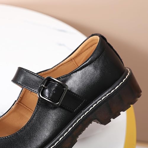 XMM Mary Jane Shoes Women Oxford Shoes Leather Round Toe Flats Non-Slip Ankle Buckle Strap Comfort Casual Dressy Cosplay Party School Work Shoes - Yellow Trim