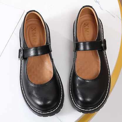 XMM Mary Jane Shoes Women Oxford Shoes Leather Round Toe Flats Non-Slip Ankle Buckle Strap Comfort Casual Dressy Cosplay Party School Work Shoes - Yellow Trim