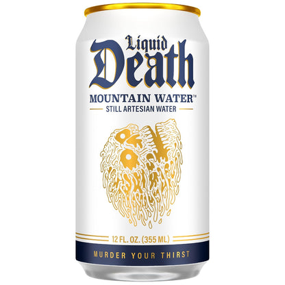 Liquid Death Still Mountain Water, Real Mountain Source, Ice-Cold Cans, Infinitely Recyclable, 12 Fl Oz (Pack of 12) (Box has damage)