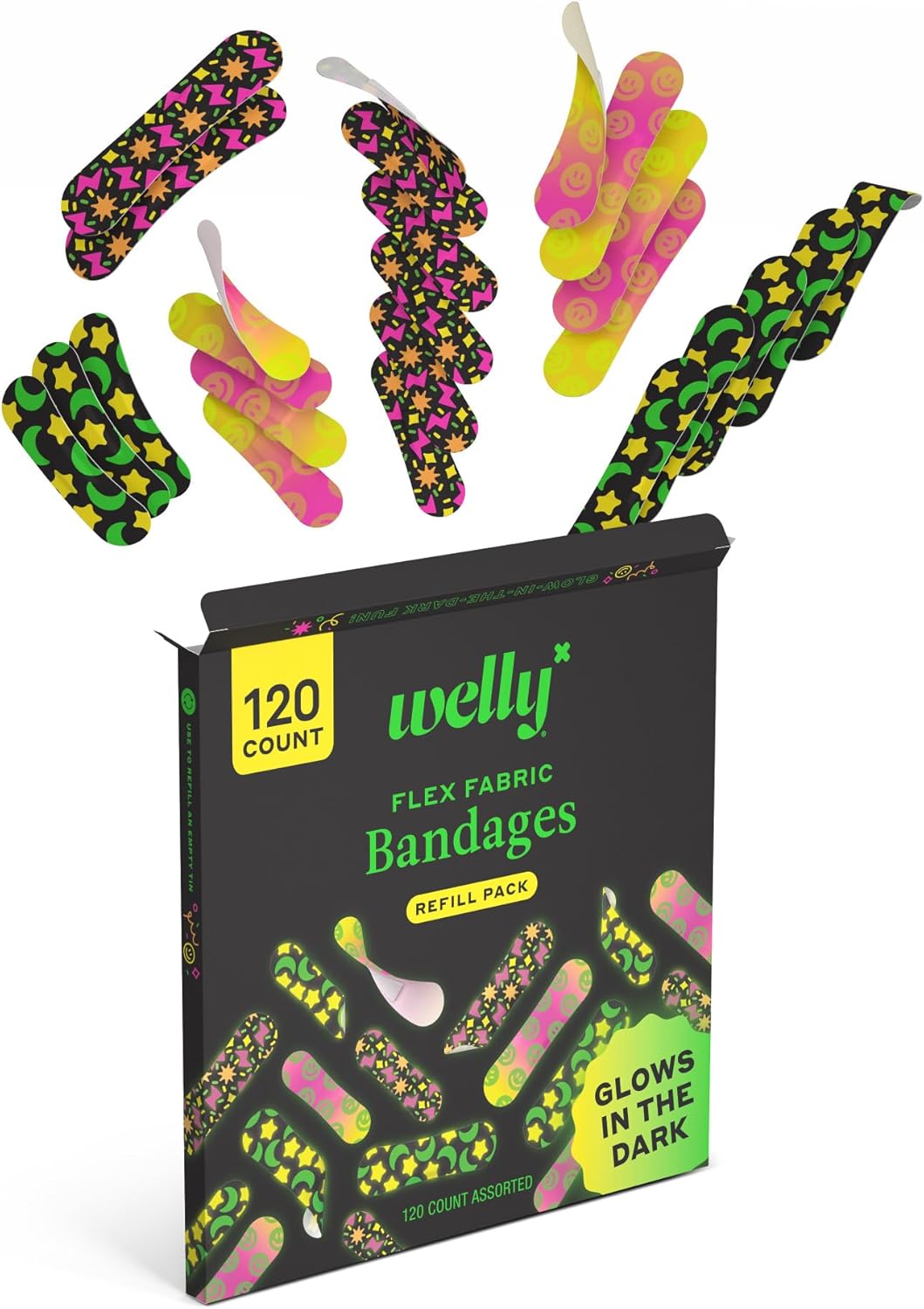 Welly Bandage Glow-in-the-Dark Refill Pack | Adhesive Flexible Fabric Bandages | Assorted Shapes and Patterns for Minor Cuts, Scrapes, and Wounds - 105 Count (Mostly complete set. 55 short, 50 long)