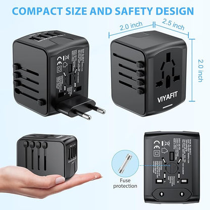 Universal International Travel Power Adapter, All in One Wall Charger with High Speed 2.4A 3xUSB, 3.0A Type-C, European Adapter, Worldwide AC Outlet Plugs for UK, CA, EU, AU, Asia (Gray Black)