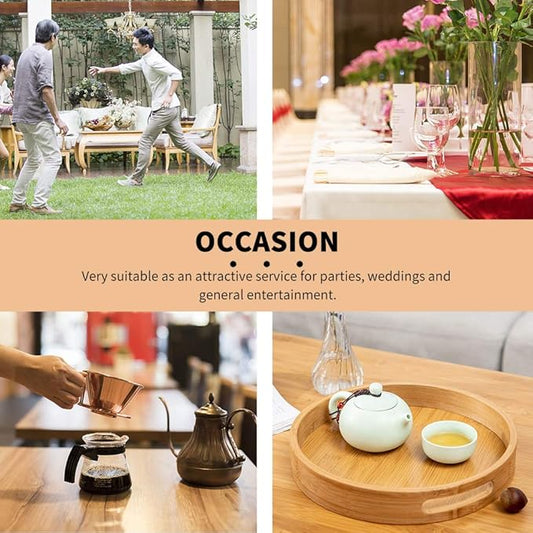 Bamboo Wood Round Tray wHandles, Tea  Coffee Table Decorative Serving Tray Food Storage Platters for Serving Beverages  Food on Bar Living Room Home Dining Table(Type A - 25x25x5cm)