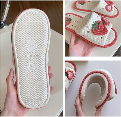 Women Kawaii Slippers Indoor Linen Slippers Strawberry Linen Cotton Slippers Home Floor Non-Slip Slides