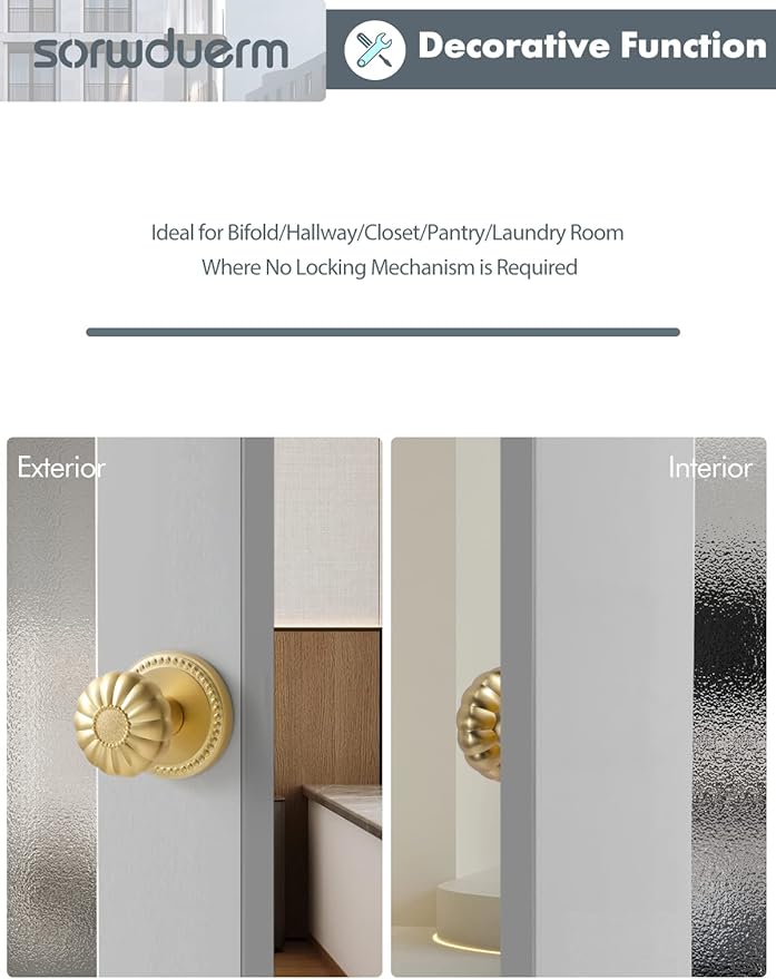 Dummy Gold Door Knobs Interior Satin Brass Dummy Door Handle Single Sided Decorative,Zinc Alloy 2 Pack