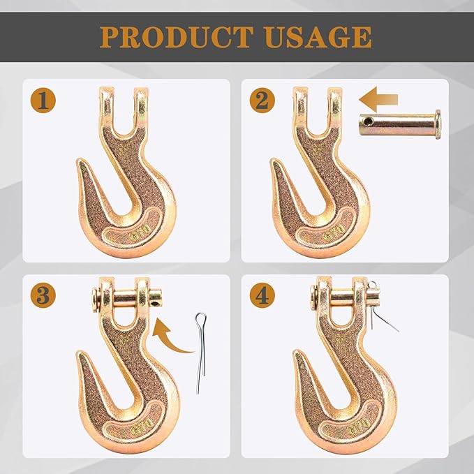 3/8 Chain Hook, Chain Hooks 3/8 Heavy Duty, 6600Lbs G70 Clevis Grab Hook 3/8 Inch for Trailer Truck Tow Chain Transport -Yellow Chromate Finish (2 Pack)