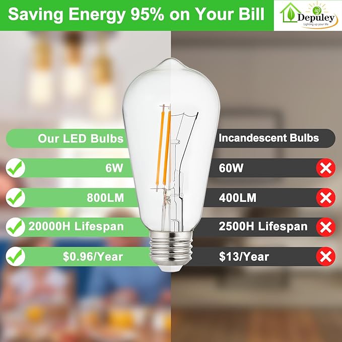 Depuley LED Light Bulbs E26: Chandeleir Lights Bulb 6W Equivalent 60W Incandescent - Edison Vintage Bulbs Warmlight 2700K ST58 800 LM 80CRI Non-Dimmable 12-Pack