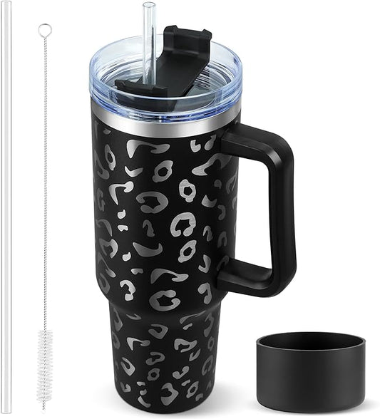 40 oz Tumbler with Handle  Stainless Steel Insulated Travel Mug Iced Coffee Cup with Lids and Straw   Keeps Drinks Cold for 34 Hours  Dishwasher Safe, BPA Free(Leopard Black)