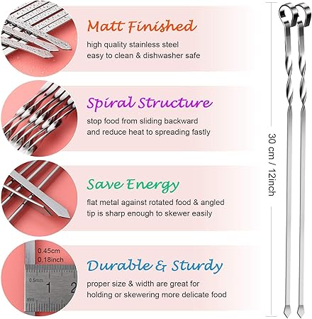 Stainless Steel BBQ Skewers - 12 Inch, 12 Pack for Kabobs, Grill Stick Set for Meat, Chicken, Shrimp, Fruit, Vegetables