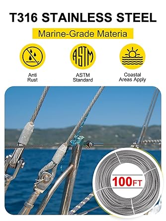 TooTaci 316 Wire Rope, 100FT T316 Stainless Steel Cable 316 inch, 316 Cable Railing Kit - 719 Strands Marine Grade 316L Steel Wire Rope Outdoors for Deck Railing Systems, Balconies, Stairs