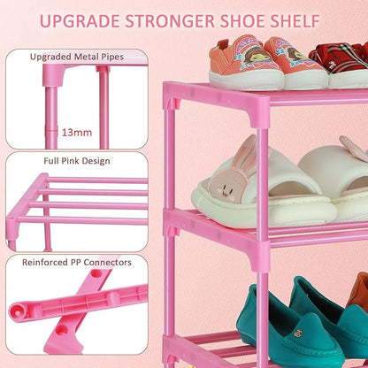 LNYZQUS Small Kids Shoe Rack, 4 Tier Pink Shoe Organizer Shoe Shelf for Closet,Stackable Narrow Shoe Stand Slim Zapateras Organizer,Cute Toddler Shoe Rack Floor for Women  Girls-Full Pink