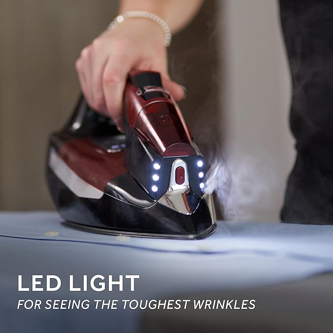 Sunbeam Professional Steam Iron, 1700 Watt, Large Nonstick Ceramic Soleplate, Horizontal or Vertical Shot of Steam, Self Cleaning, Large LED Screen and Bright LED Lights, 8' Swivel Cord, BlackRed