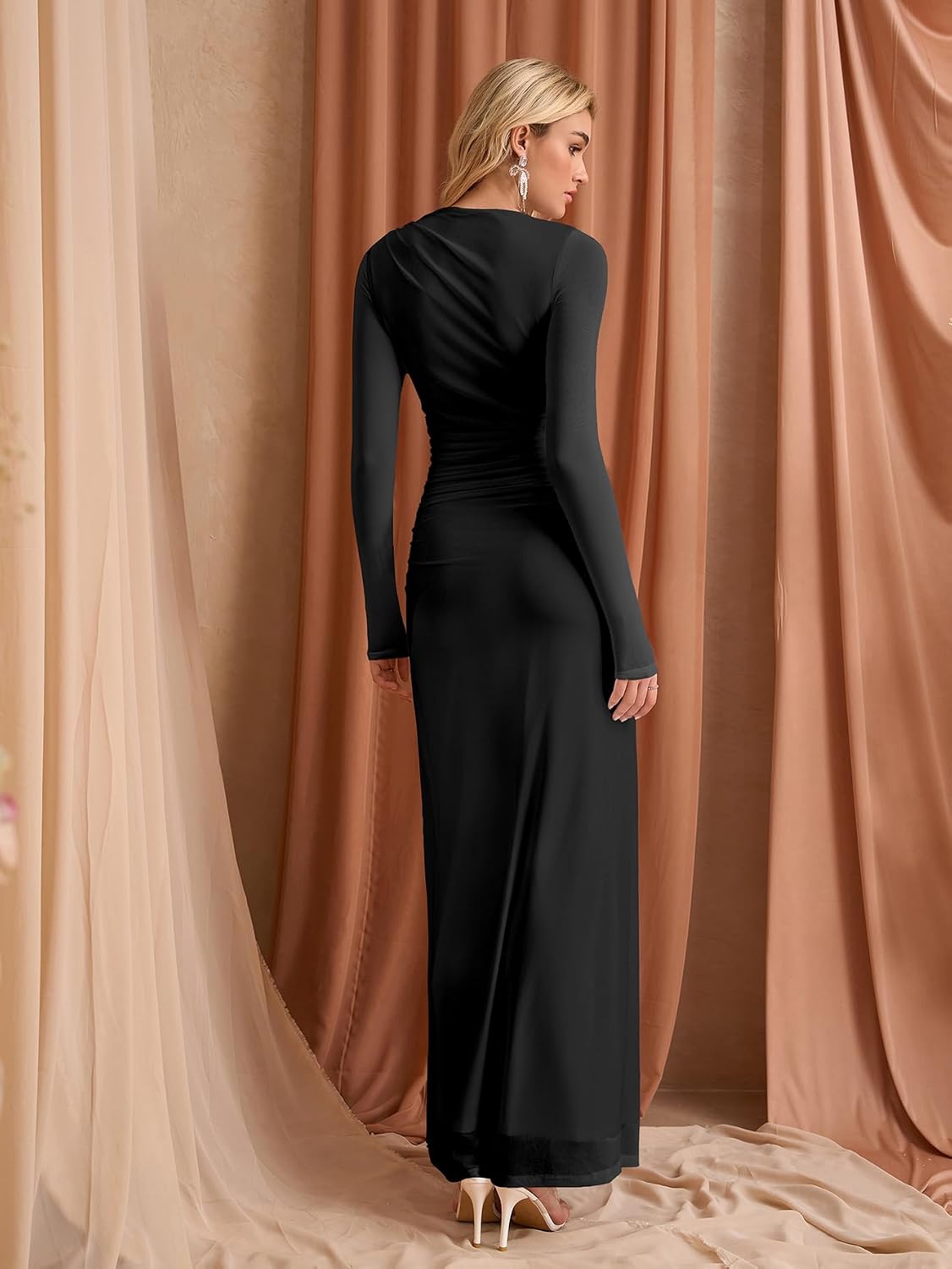 HTZMO Women Long Sleeve Bodycon Floral Maxi Dress Ruched A Line Flowy Wedding Guest Formal Party Long Dresses.