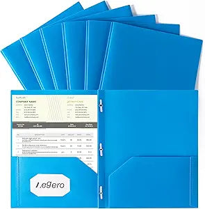 Folders with Pockets and Prong with Fasteners (6 Pack,Blue),Durable Plastic Pocket Folders with Prongs,Tear Resistant,2 Pocket 3 Prong Folders for Schoolwork  Office,Letter Size