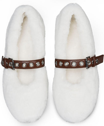 Goiphrri Fur Mary Jane Shoes Women Comfortable Ballet Flats Shoes Round Toe Casual Cute Mary Janes Womens Ballerina Flats with Buckle Strap.