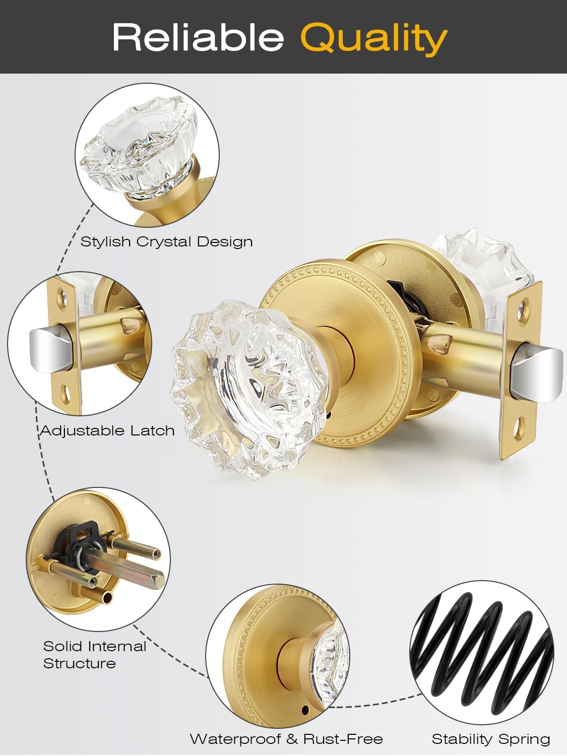 1 Pack Glass Door Knobs Interior, Door Locks for Bedroom, Bathroom Gold, Keyless Privacy Door Levers, Clear Crystal Door Knobs, Universal for Left & Right Sided Doors