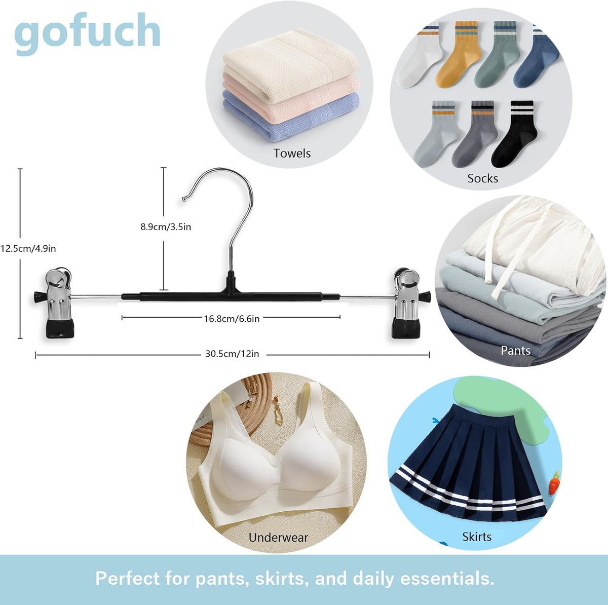 Pants Hangers with Clips - 30 Pack Heavy Duty, Non-Slip Adjustable Space Saving Skirt Hangers for Pants, Jeans, Shorts | Black | 12 Inch
