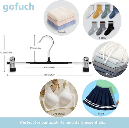 Pants Hangers with Clips - 30 Pack Heavy Duty, Non-Slip Adjustable Space Saving Skirt Hangers for Pants, Jeans, Shorts | Black | 12 Inch