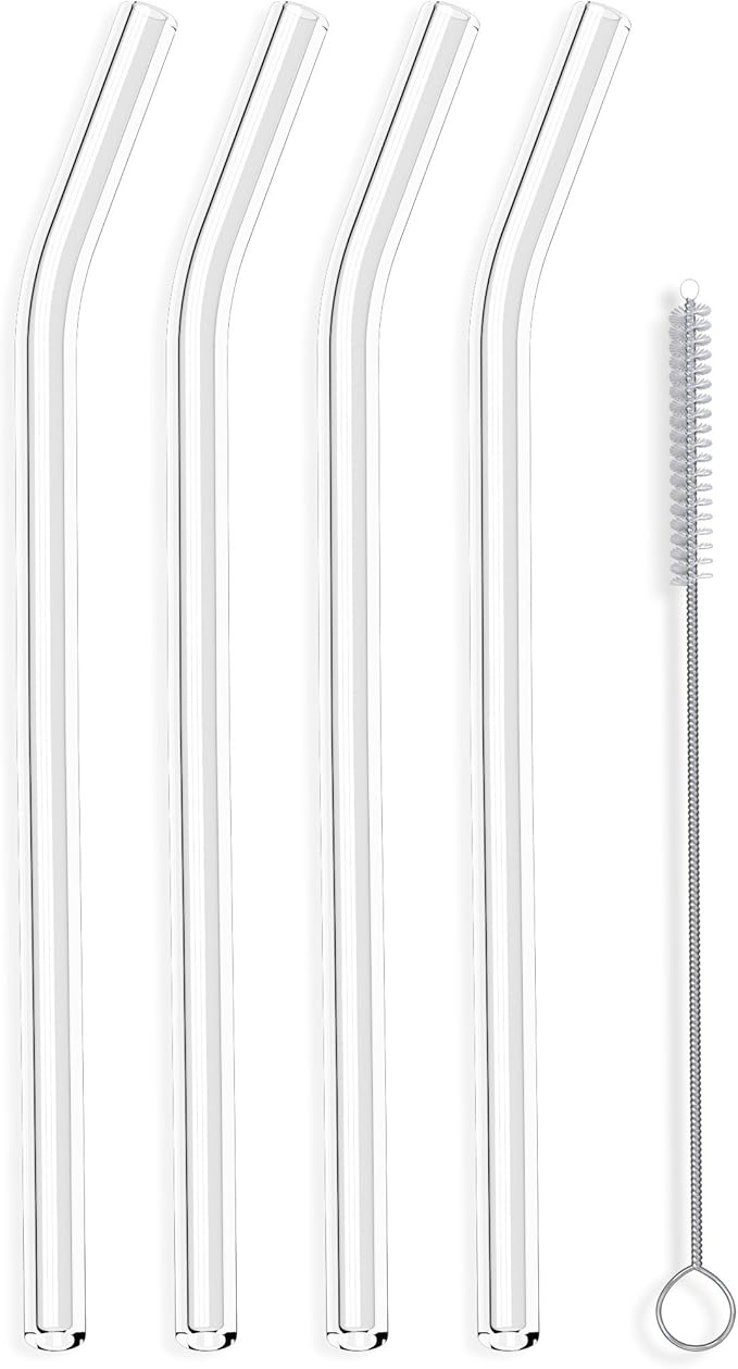 Hummingbird Glass Straws Clear Bent 9" x 9.5 mm Made With Pride In The USA - Perfect Reusable Straw For Smoothies, Tea, Juice, Water, Essential Oils - 4 Pack With Cleaning Brush