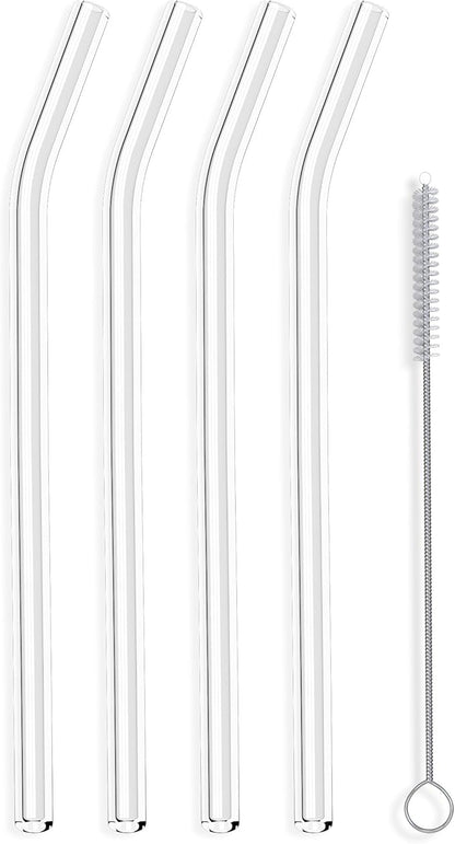 Hummingbird Glass Straws Clear Bent 9" x 9.5 mm Made With Pride In The USA - Perfect Reusable Straw For Smoothies, Tea, Juice, Water, Essential Oils - 4 Pack With Cleaning Brush